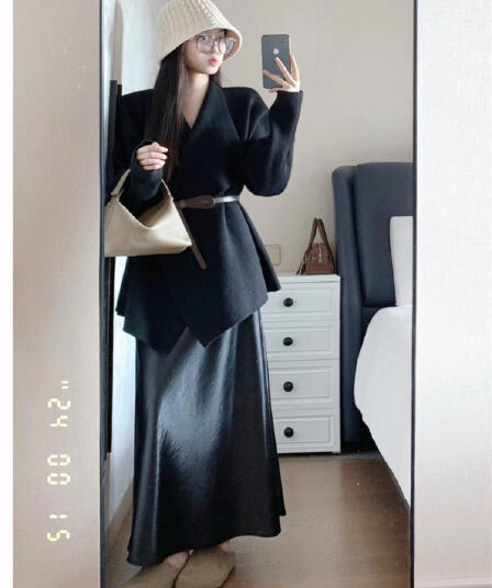 고급 그는 벤 바람 세트 여성 새로운 새틴 반신 스커트 전체 집합 ootd 착용 가져 가라. 품격 폴로 칼라 검정색 재킷