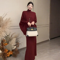 批发2026新款韩系慵懒风黑色高领针织<b class='q'>连衣</b>裙子女早秋季高级感套装长裙