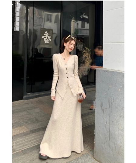 세트 이른 가을 한 부서 품격 착용 가져 가라. 전체 집합 가을 겨울철 여성 의류 거친 가장자리 맨위 반신 스커트 투피스 세트