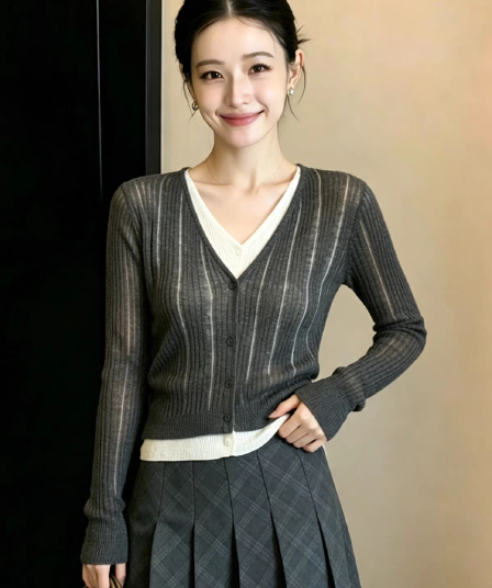 페이크 레이어드 패치워크 색상 V넥 긴팔 니트 스웨터 여성 가을 2026 새로운 한 부서 디자인 센스 품격 연령 감소 맨위