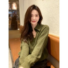 批发慵懒风绿色翻领软糯毛衣女秋冬2026新款宽松长袖针织衫套头上衣<b class='q'>潮</b>