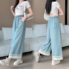 批发实拍大码女装2026春款宽松阔腿牛仔裤松紧腰显瘦花边直筒裤