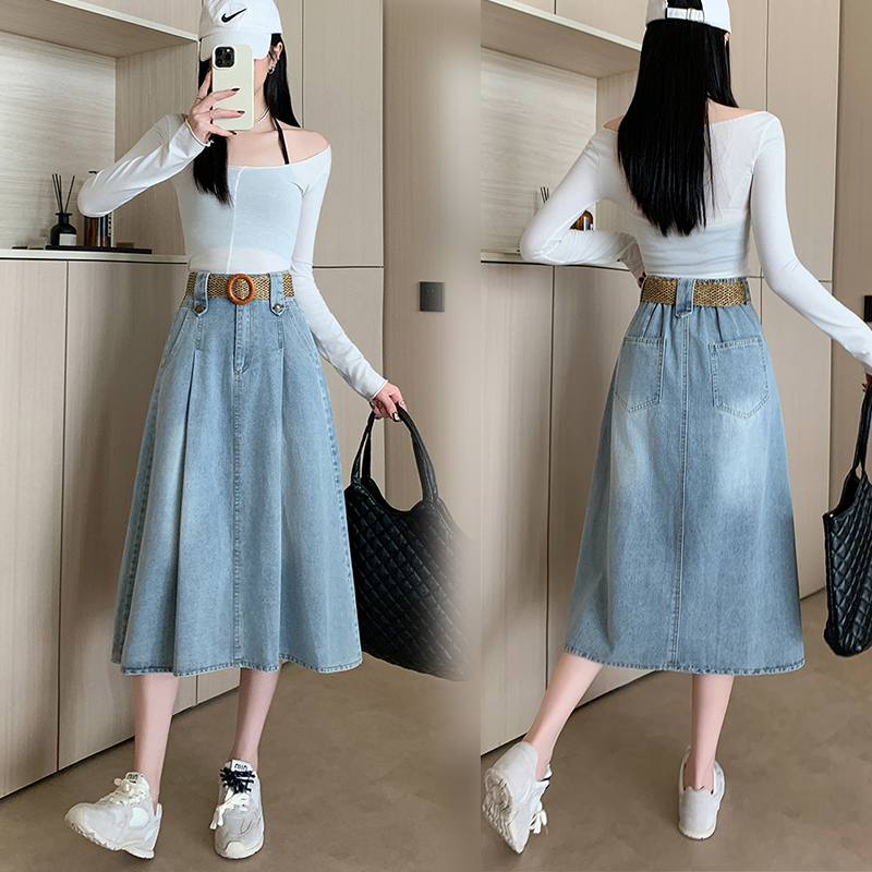 실사 빅 사이즈 여성 의류 2026 레트로 한 마디 데님 반신 스커트 하이웨이스트 슬림해 보이는 다용도 중간 길이 빅 플레어 스커트