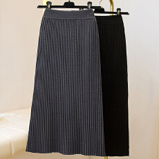 批发实拍大码女装秋款弹力休闲半身长群高腰显瘦针织长裙