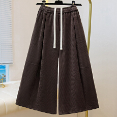 批发实拍复古加厚咖啡色灯芯绒松紧八分裤抽绳百搭显瘦阔腿裤裙