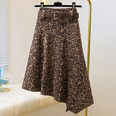 批发实拍大码女2025秋款韩系高腰复古豹纹半身群显瘦百搭不规则A字裙