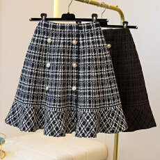 批发实拍大码女装2025复古小香风格子针织双排扣荷叶边小短裙