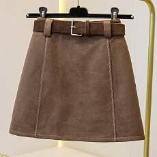 批发实拍美拉德棕色鹿皮绒包臀防走光包臀a字短裙配腰带