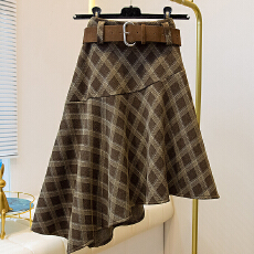 批发不规则毛呢格纹半身裙老钱风辣妹复古高腰显瘦中长a字伞裙配腰带