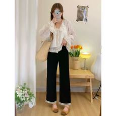 批发小个子黑色花边休闲裤女2026春季新款胖mm修身显瘦弹力九分直筒裤