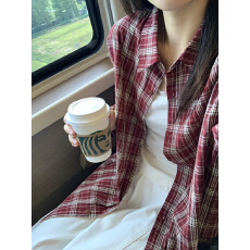 批发韩系复古格子衬衫女2026春<b class='q'>夏</b>宽松休闲百搭红色格纹长袖衬衣上衣