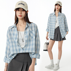 批发实拍2026春夏蓝色格子衬衫女慵懒风<b class='q'>韩版</b>防晒服宽松百搭棉麻衬衣