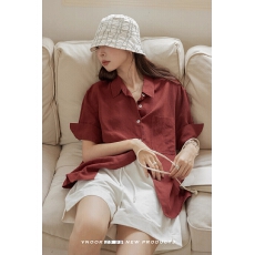 批发网图亚麻翻折袖口短袖衬衫女2026夏季新款宽松休闲通勤纯色衬衣