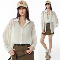 批发实拍2026<b class='q'>白色</b><b class='q'>衬衫</b>女夏季宽松物理防晒罩衫小个子<b class='q'>衬衣</b>外套长袖上衣