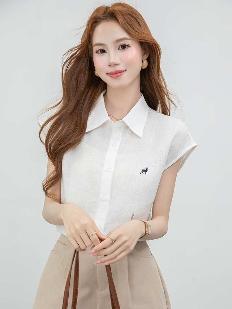 실사 2026 반팔 면 린넨 여성 셔츠 여름 루즈핏 아마 셔츠 작은 셔츠 출퇴근 자수 작은 날다 소매 맨위