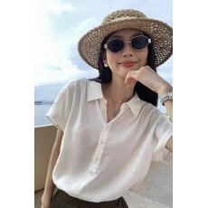 批发网图有货黑色亚麻莱赛尔短袖衬衫女宽松气质薄款上衣通勤衬衣