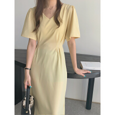 批发有货 实拍 法式气质V领系带收腰显瘦下摆开叉纯色中长款连衣裙夏