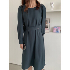 批发有货 实拍 韩国设计感纯色圆领侧边纽扣收腰中长款<b class='q'>连衣裙</b>