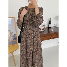 批发有货 实拍 法式轻熟风圆领灯笼袖系带收腰碎花<b class='q'>连衣裙</b>