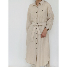 批发有货 实拍 日系休闲气质系带收腰亚麻棉衬衫<b class='q'>连衣裙</b>中长款衬衫外套