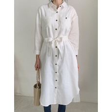 批发有货 实拍 日系休闲气质系带收腰<b class='q'>亚麻</b>棉衬衫连衣裙中长款衬衫<b class='q'>外套</b>