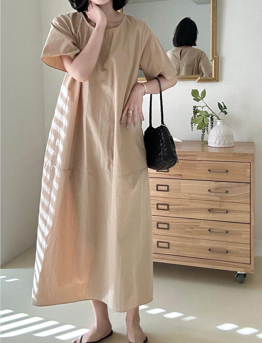 한 부서 여름 미니멀리즘 라운드 넥 루즈핏 주머니 차가운 드레스