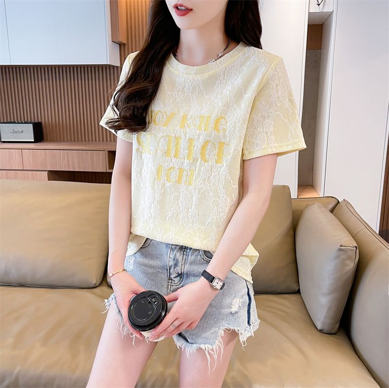 FA24109# 蕾丝短袖t恤女装新款夏季复古设计感宽松大码上衣