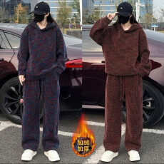 批发复合真超）秋冬甜酷加绒休闲<b class='q'>运动</b>套装情侣保暖卫衣直筒裤两件套