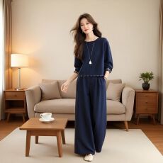 批发时尚休闲拼接格纹长袖上衣<b class='q'>女</b>春秋季新款大码宽松阔腿裤<b class='q'>套</b>装两件套