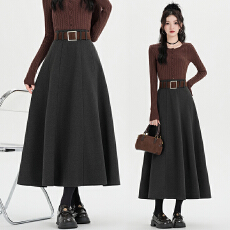 批发实拍秋冬新款时尚百搭高腰A字大摆<b class='q'>长裙</b>气质减年显瘦