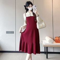 批发孕妇装2025秋冬新款中长款小个子甜美孕妈拼接假两件荷叶边<b class='q'>连衣裙</b>