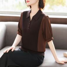 批发2026夏装时尚翻领冰丝小衫高贵<b class='q'>夫人</b>短袖T恤上衣服