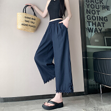 批发实拍2026夏季时尚新款韩系冰丝棉麻高腰显瘦花边阔腿九分<b class='q'>裤</b>