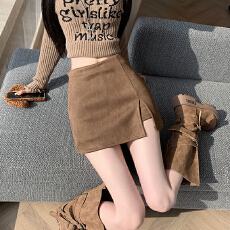 批发实拍2025秋冬新款鹿皮绒<b class='q'>高腰</b>开叉显瘦a字包臀<b class='q'>短裙</b>裤