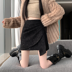 批发实拍2025秋冬新款小香风亮片毛呢设计感显瘦高腰a字包臀半身裙