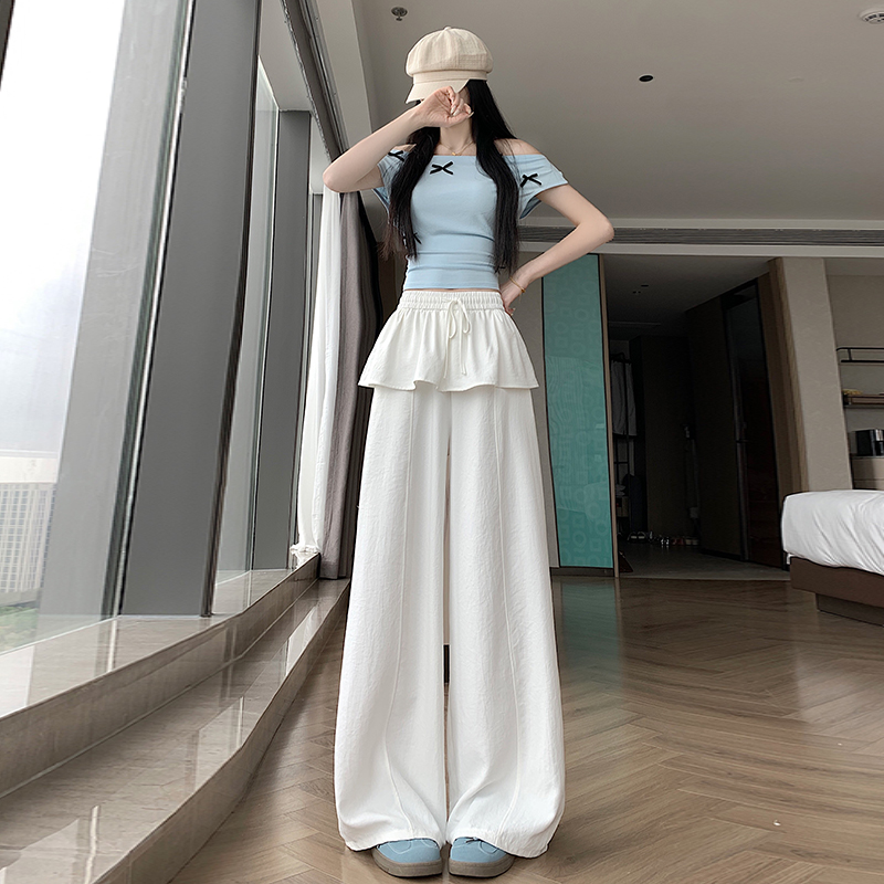 RY3944# 夏季新款设计感荷叶边抽绳直筒阔腿休闲屁帘裤