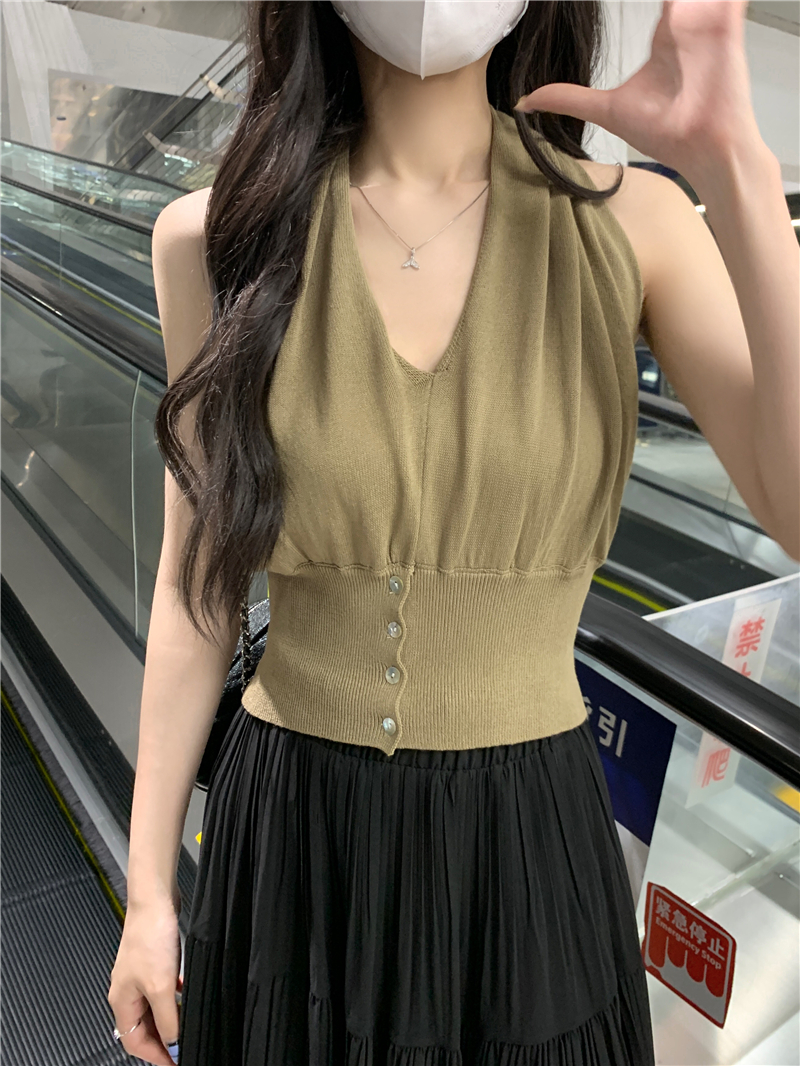 FA32404# V领挂脖黑色上衣女夏季露背纽扣针织收腰背心 服裝批發女裝批發服飾貨源
