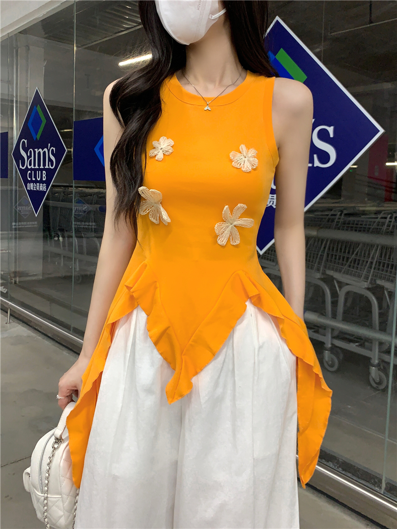 FA32403# 不规则裙摆立体花无袖背心女夏辣妹修身上衣 服裝批發女裝批發服飾貨源