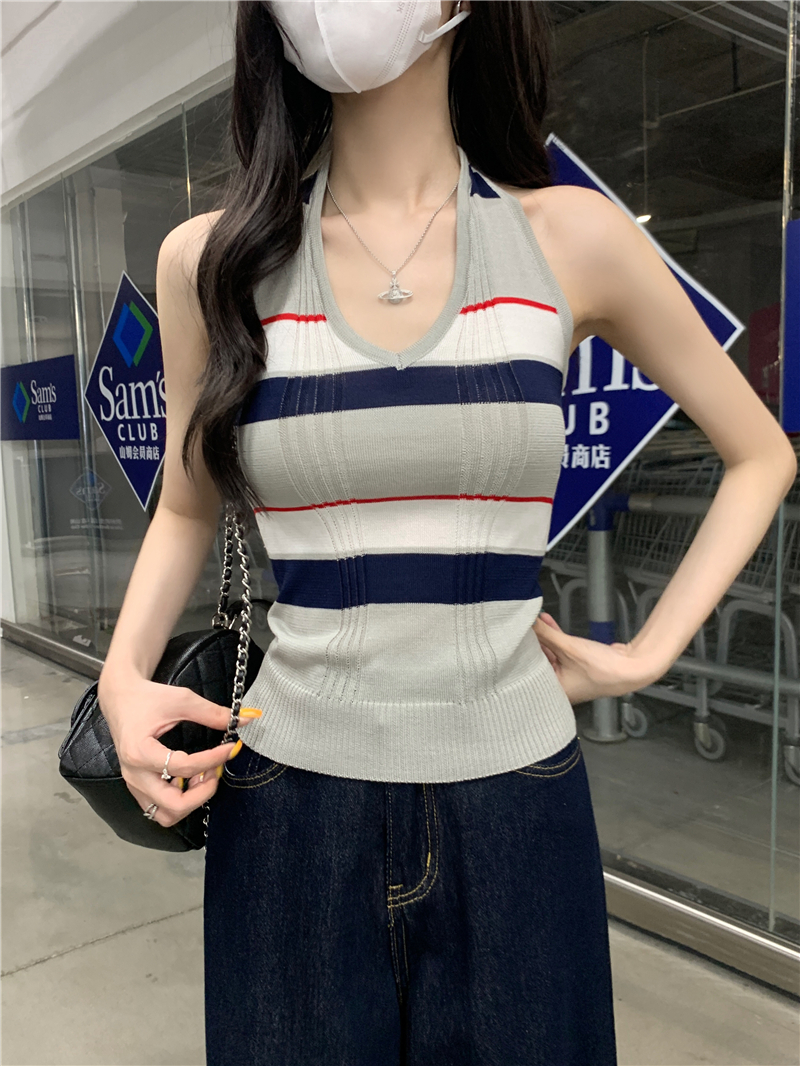 FA32401# 羊毛混纺挂脖吊带背心女夏季复古条纹辣妹显瘦无袖上衣 服裝批發女裝批發服飾貨源