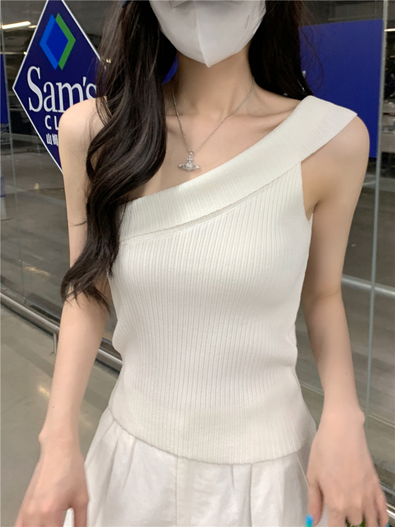 FA32394# 夏季新款性感显瘦斜肩背心女高级感修身斜肩上衣女外穿 服裝批發女裝批發服飾貨源
