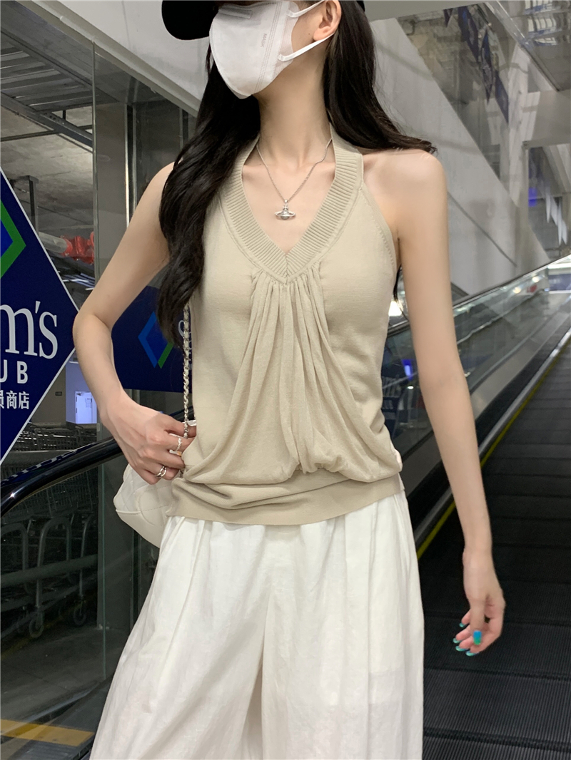 FA33795# 高智频率天丝堆叠感无袖挂脖上衣吊带背心女夏外穿 服裝批發女裝批發服飾貨源