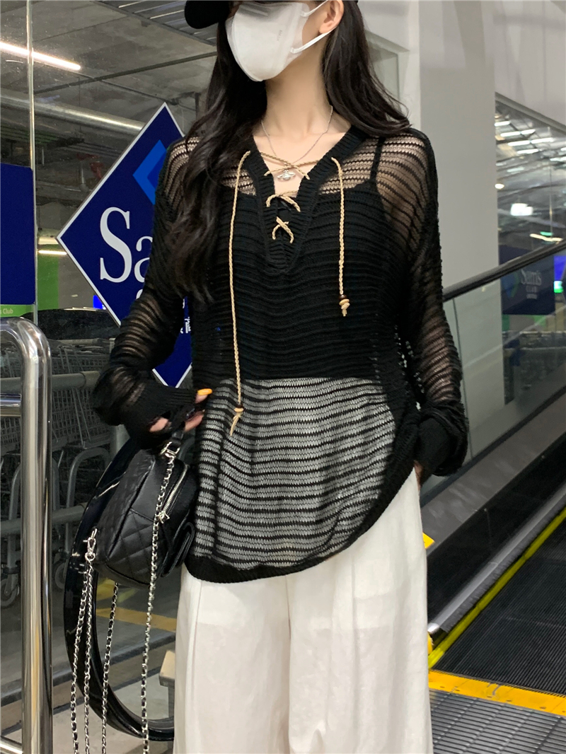 FA33794# 韩系v领镂空防晒罩衫女装新款设计感小众气质超好看上衣 服裝批發女裝批發服飾貨源