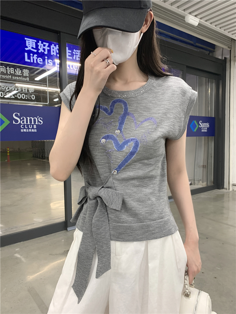 FA33792# 别致小众款设计感圆领烫钻系带短袖T恤夏季新款潮流上衣 服裝批發女裝批發服飾貨源