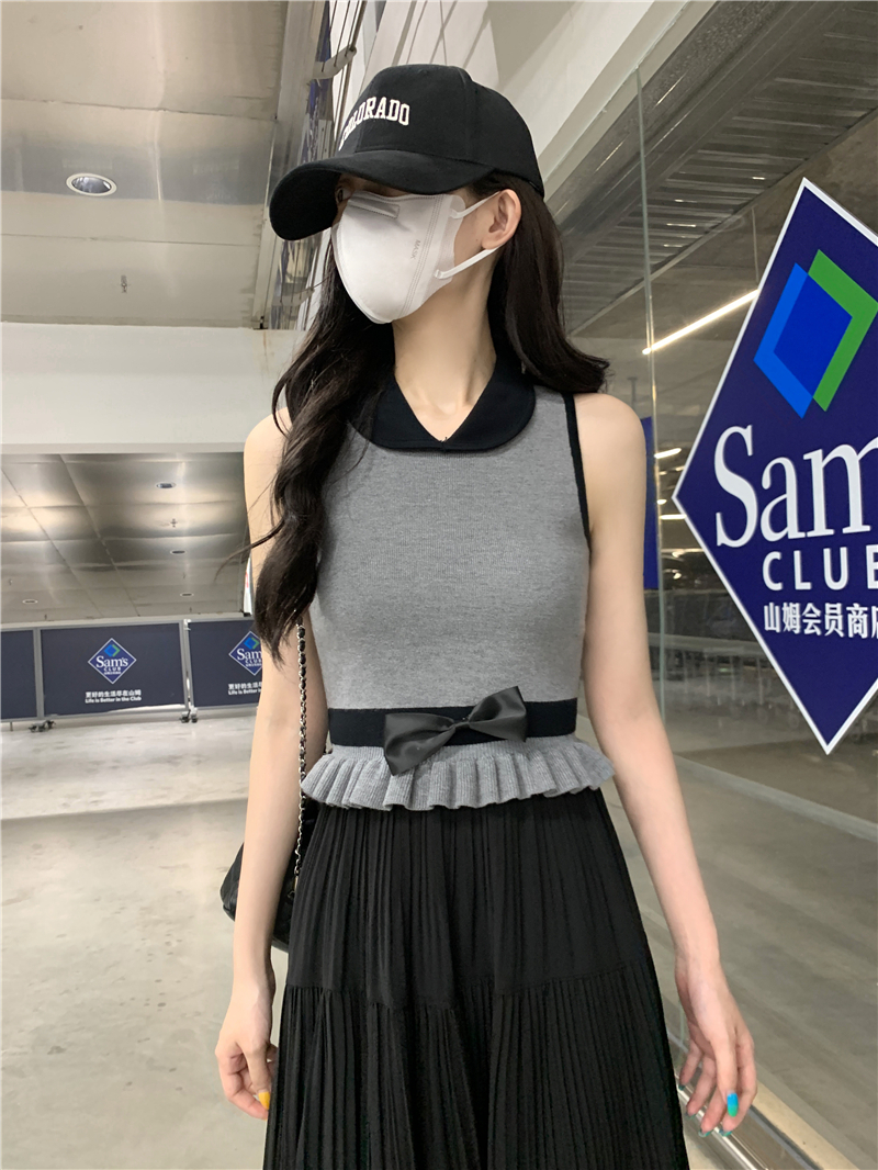 FA35399# 纯欲风套装复古撞色翻领背心女法式 服裝批發女裝批發服飾貨源