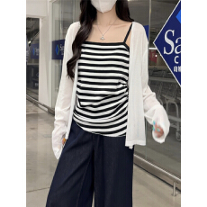 批发实拍实价灰色条纹吊带开衫套装女2025新款<b class='q'>夏</b>季轻薄防晒两件套