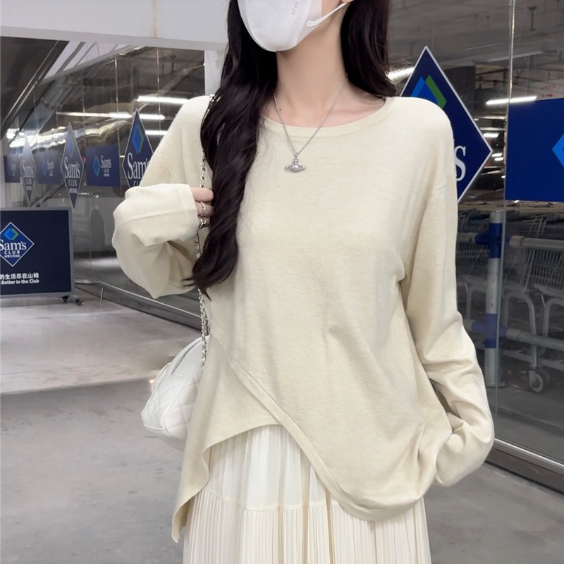 Women's New Loose and Slimming Knit Top with Irregular Long Sleeves, Versatile Base Layer Shirt