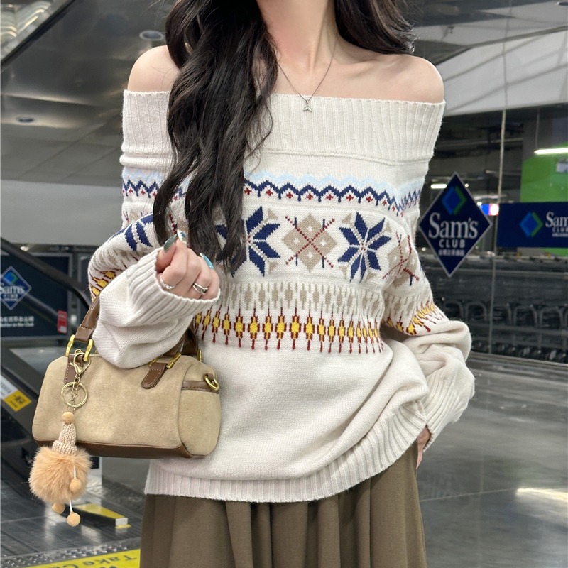 Shooted Fair Isle V-neck Top for Women with Unique Design, Long Sleeve Knit Sweater, Autumn/Winter, Youthful and Unique