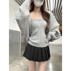 批发实拍实价麻花针织抹胸+宽松慵懒长袖开衫毛衣<b class='q'>套装</b>两件套秋冬新款