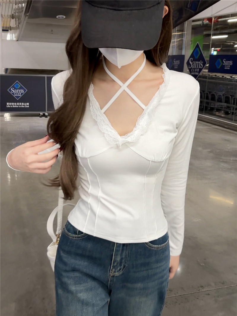 BY36308# 挂脖性感纯欲风打底衫女秋冬修身甜辣妹内搭长袖t恤蕾丝 服裝批發女裝批發服飾貨源