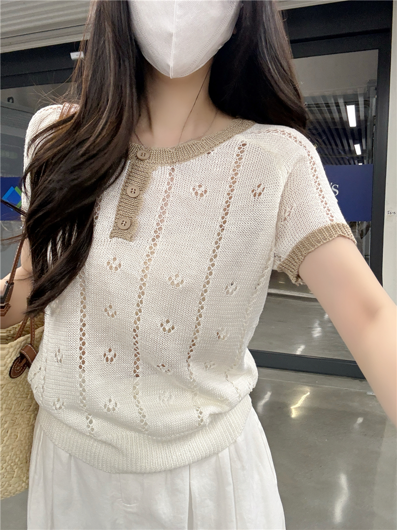 정가 실사 배색 홀로우 아웃 니트 스웨터 여성 느긋한 바람 캐주얼 작은 루즈핏 반팔 자이언트 잘 생긴 아름다운 맨위